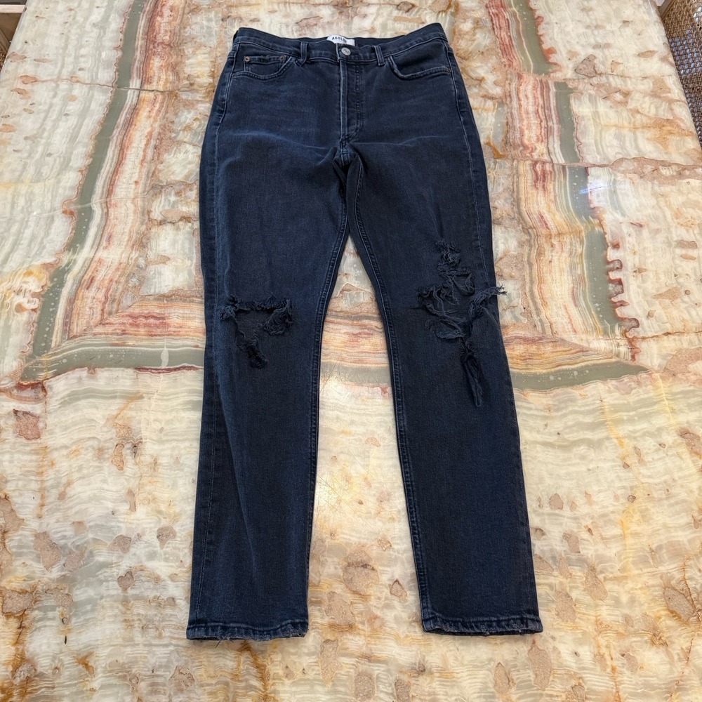 AGOLDE Riley Crop Jeans Women's 28 Black Distressed Raw Hem Straight Leg Denim